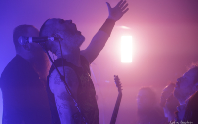 Photo of 2 members of the band Skálmöld on the left and some adience members on the right bottom with a pinkish light in the background. One of the band members has their arm raised, fingers wide in the air while singing